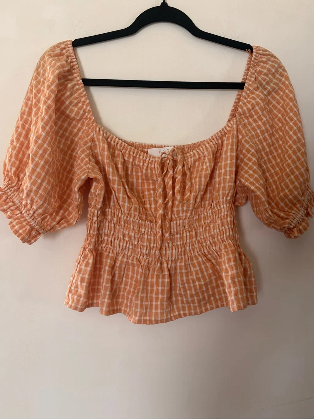 Astr Peach Plaid Puff Sleeve Smocked Peplum Crop Top Medium